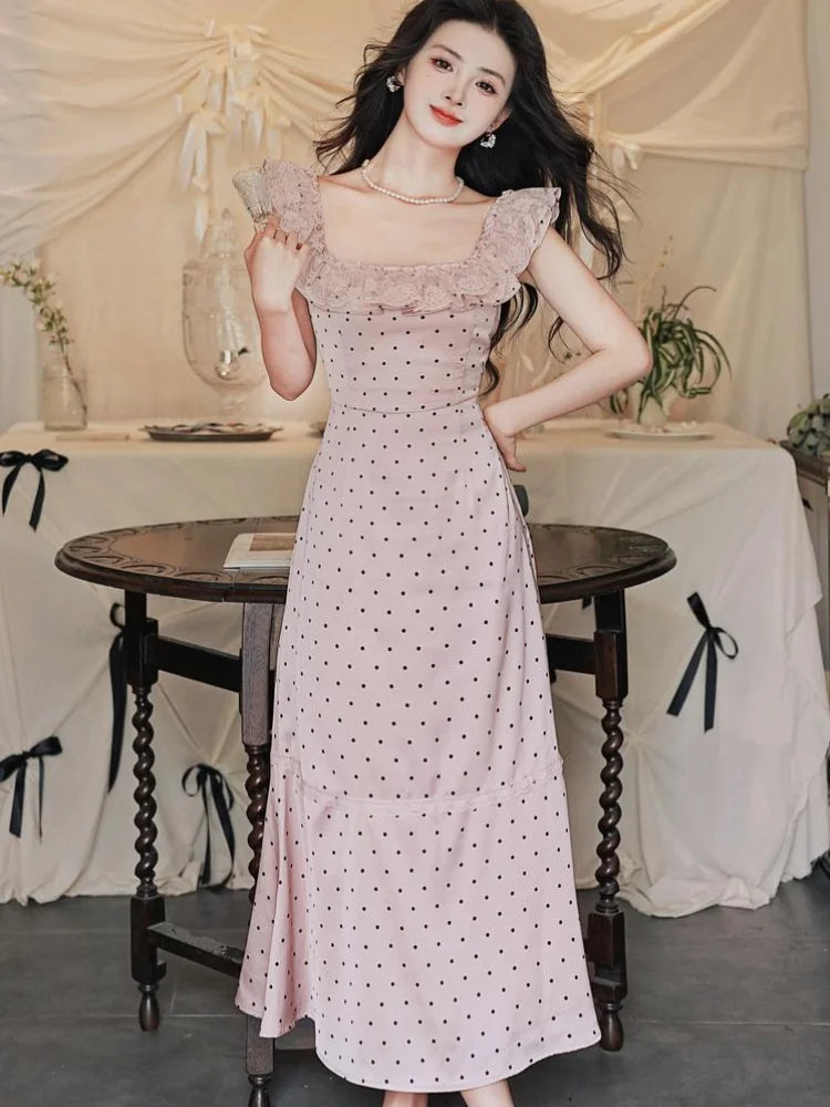 dusty pink polka dot dress Dusty Pink Polka Dot Mesh Maxi Dress