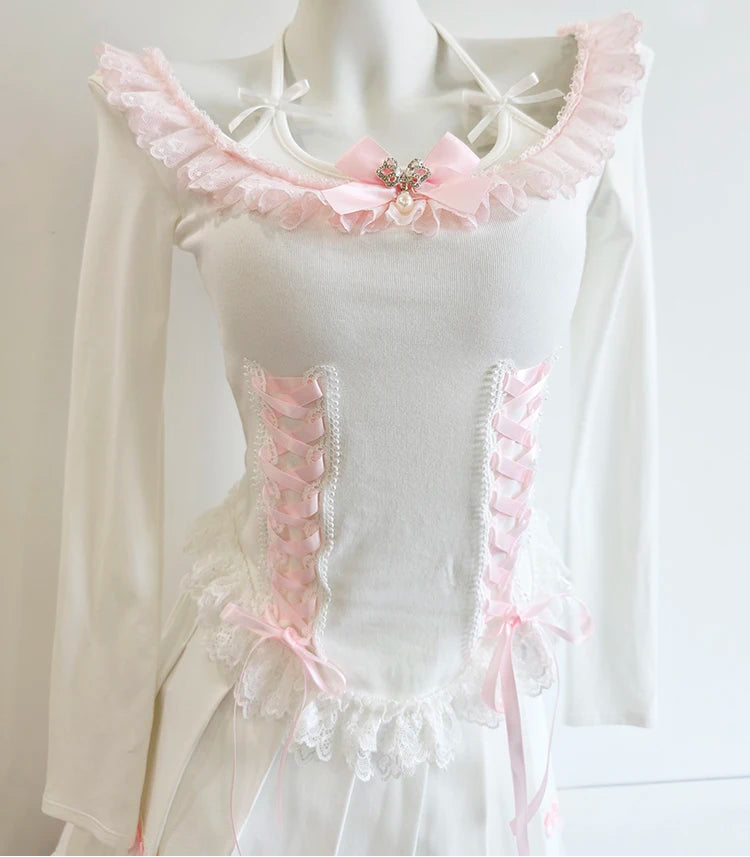 Pink/White Coquette Long Sleeve Lace-Up Kawaii Top