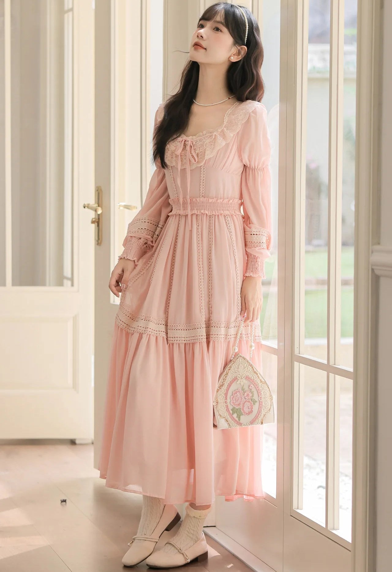 Long Sleeve Cottagecore Dress peach pink cottagecore outfit