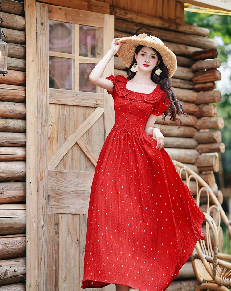 cottagecore red dress Rust Red Cotton Dress Vintage Cottagecore Aesthetic Outfit