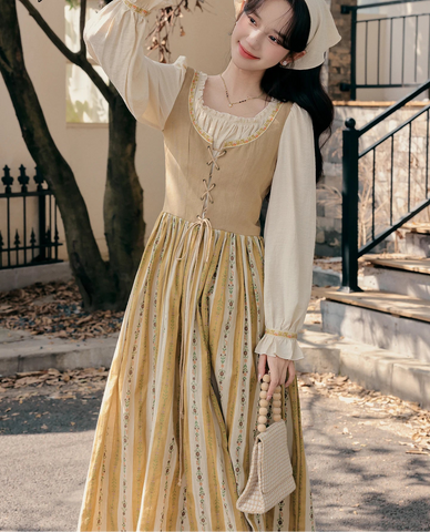 Spring Cottagecore Dress Set with Head Scarf