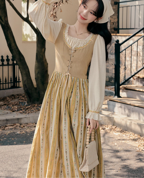 Spring Cottagecore Dress Set with Head Scarf