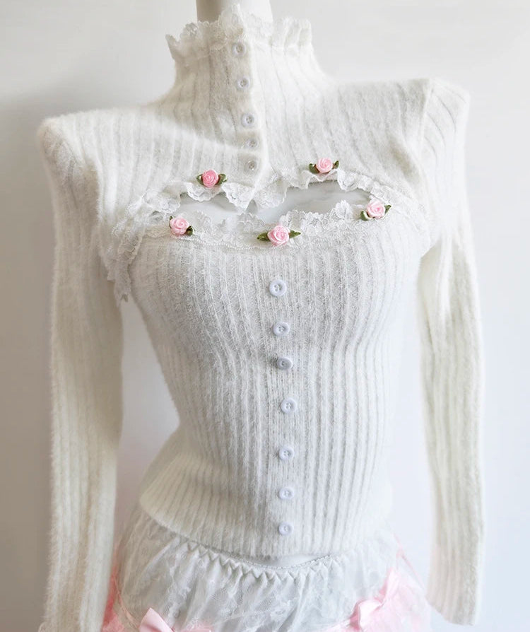 Rosy Coquette Long Sleeve Knitted Top