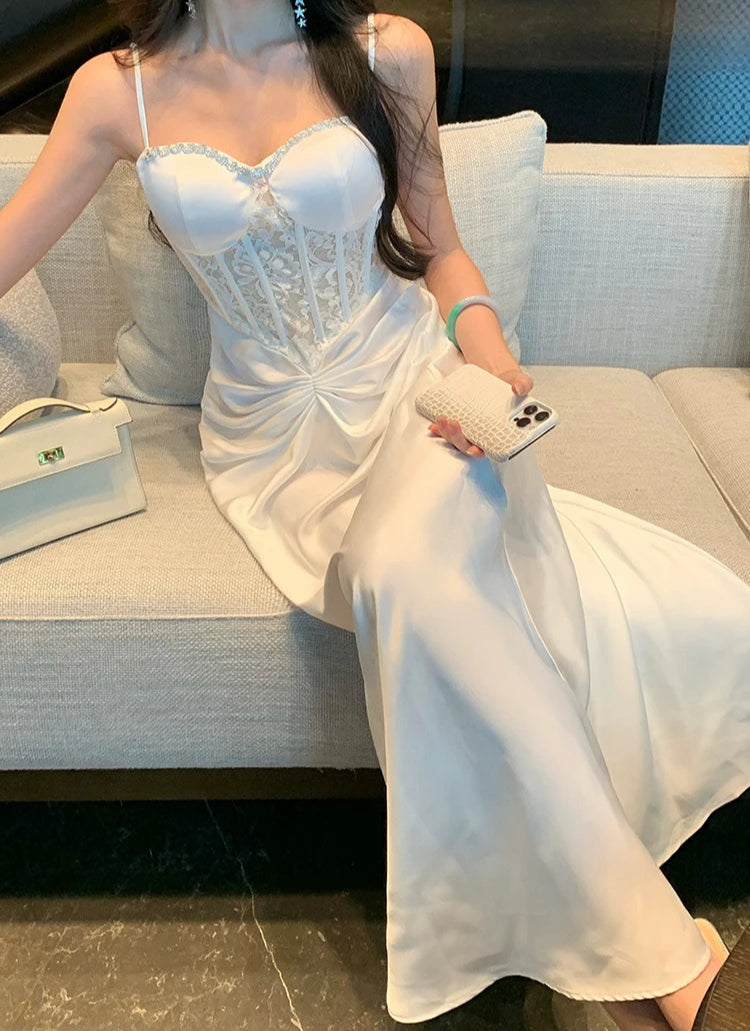White Long Lace Corset Dress Long Bustier Dress Glam Prom Dresses