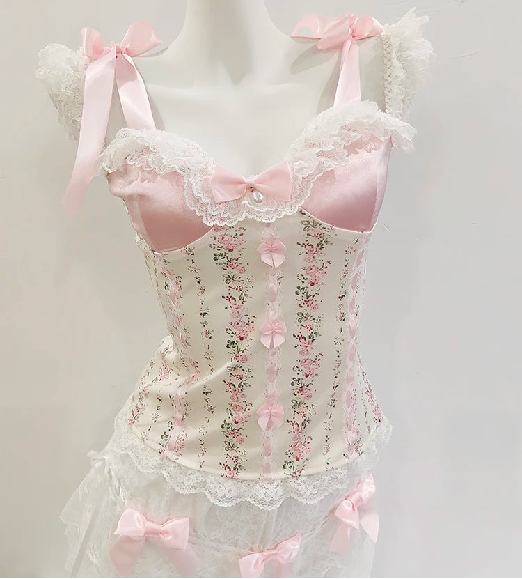 Floral Pink Satin Coquette Princess Bustier Top