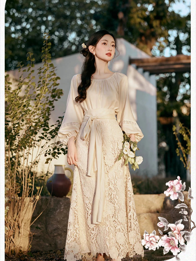 Lotus Heart Romantic Lace Cottagecore Dress Set