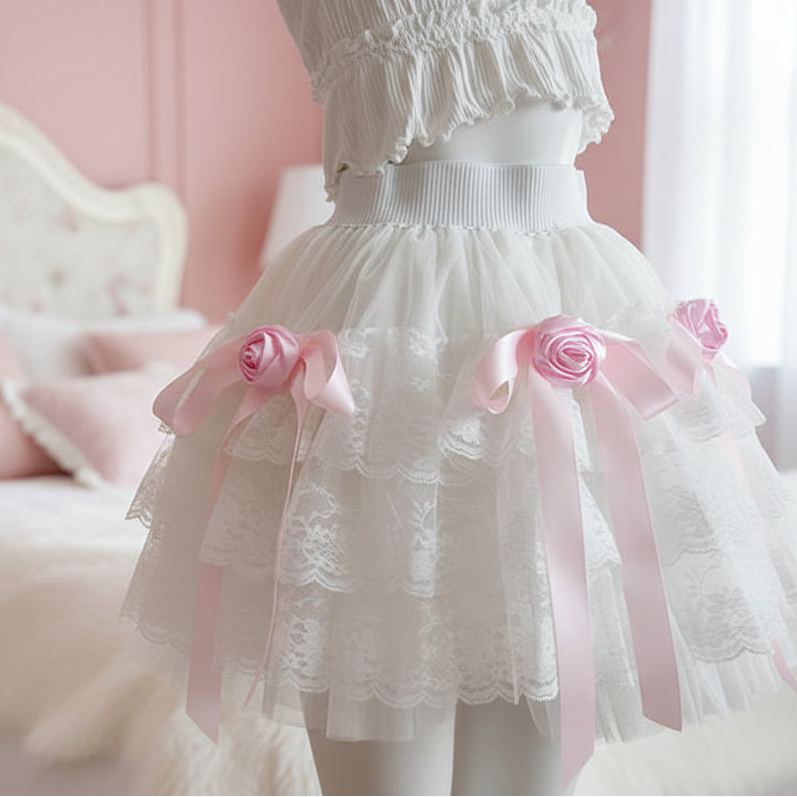 Rose Ribbon Coquette Lace Skirt