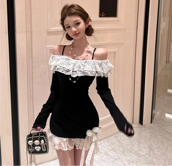 Shadow Rose-Ribbon Dark Coquette Mini Dress