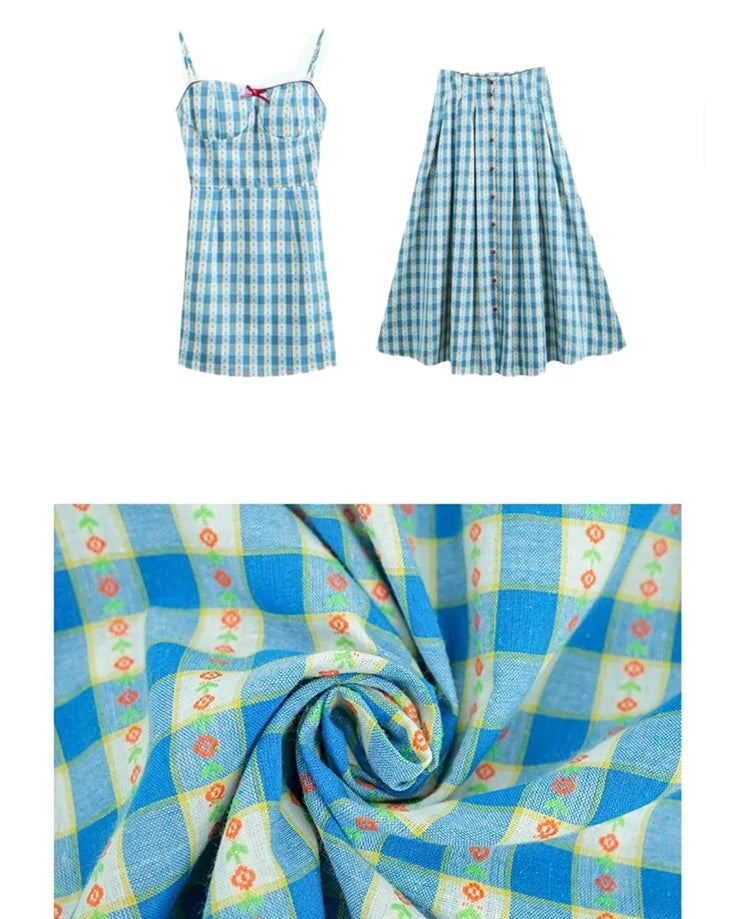 2-Piece Blue Plaid Picnic Dress Set