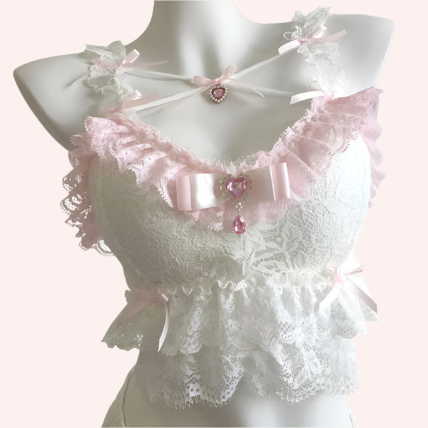 Coquette Crop Top with Pink Crystal Heart Charm Coquette Style Tops