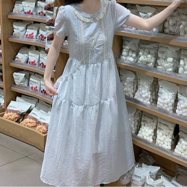 Lily of the Valley Embroidered Baby-Blue Dollcore Dress