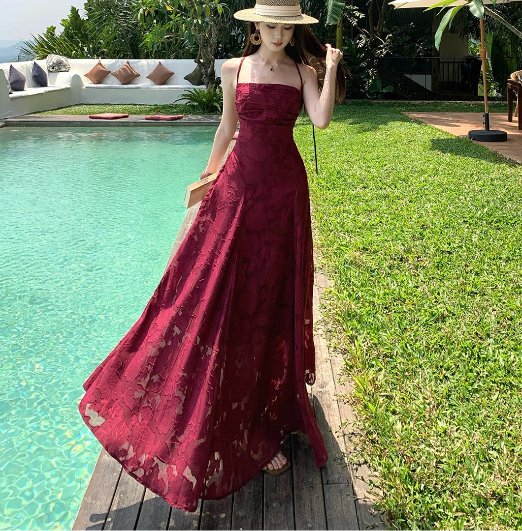 maroon red maxi dress Burgundy-Red Long Dress burgundy long slip dress resort dress
