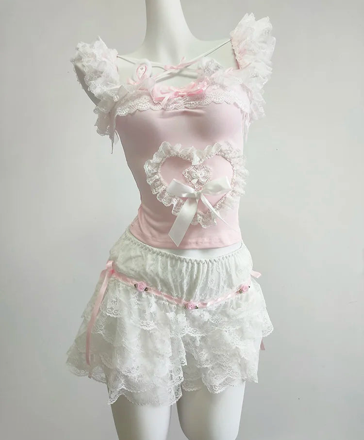 Wonder-hop Pink Coquette Bustier Top with Bunny Ears and Lace Ruffles