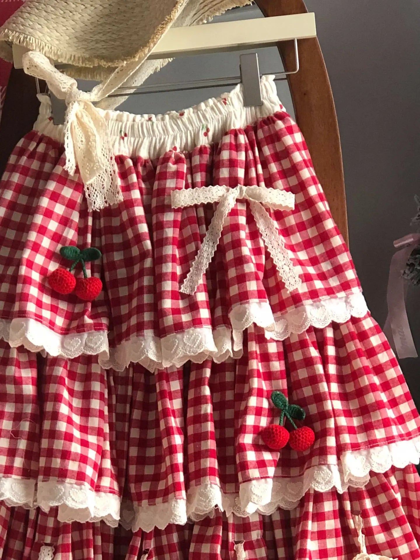Cherry Red Plaid Cottagecore Skirt