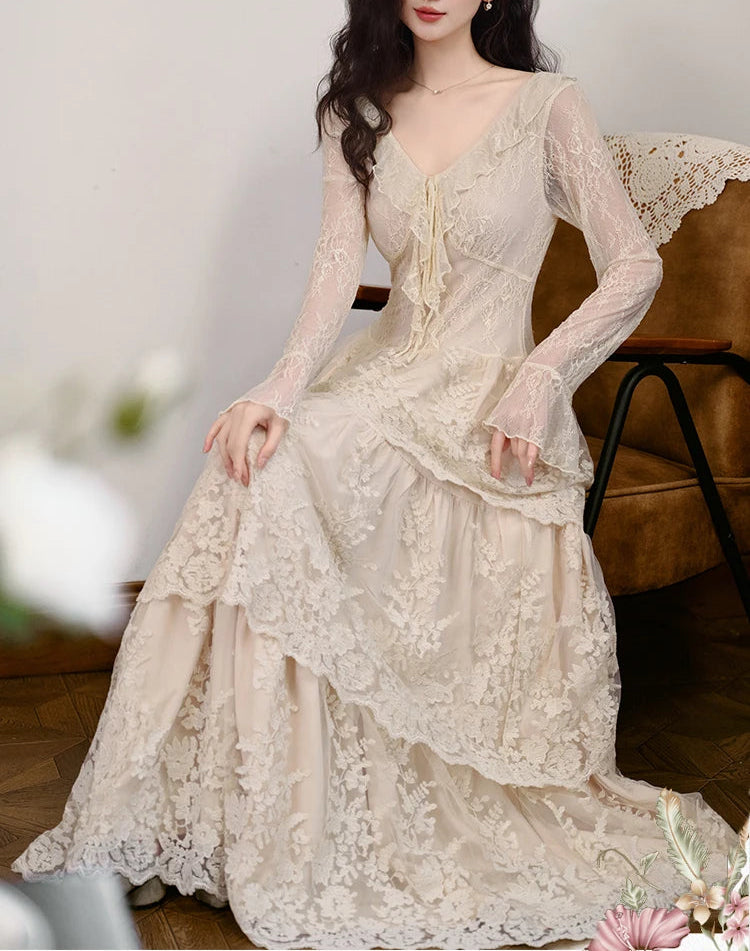 Estelia Romantic Royalcore Vintage-Style Lace Dress