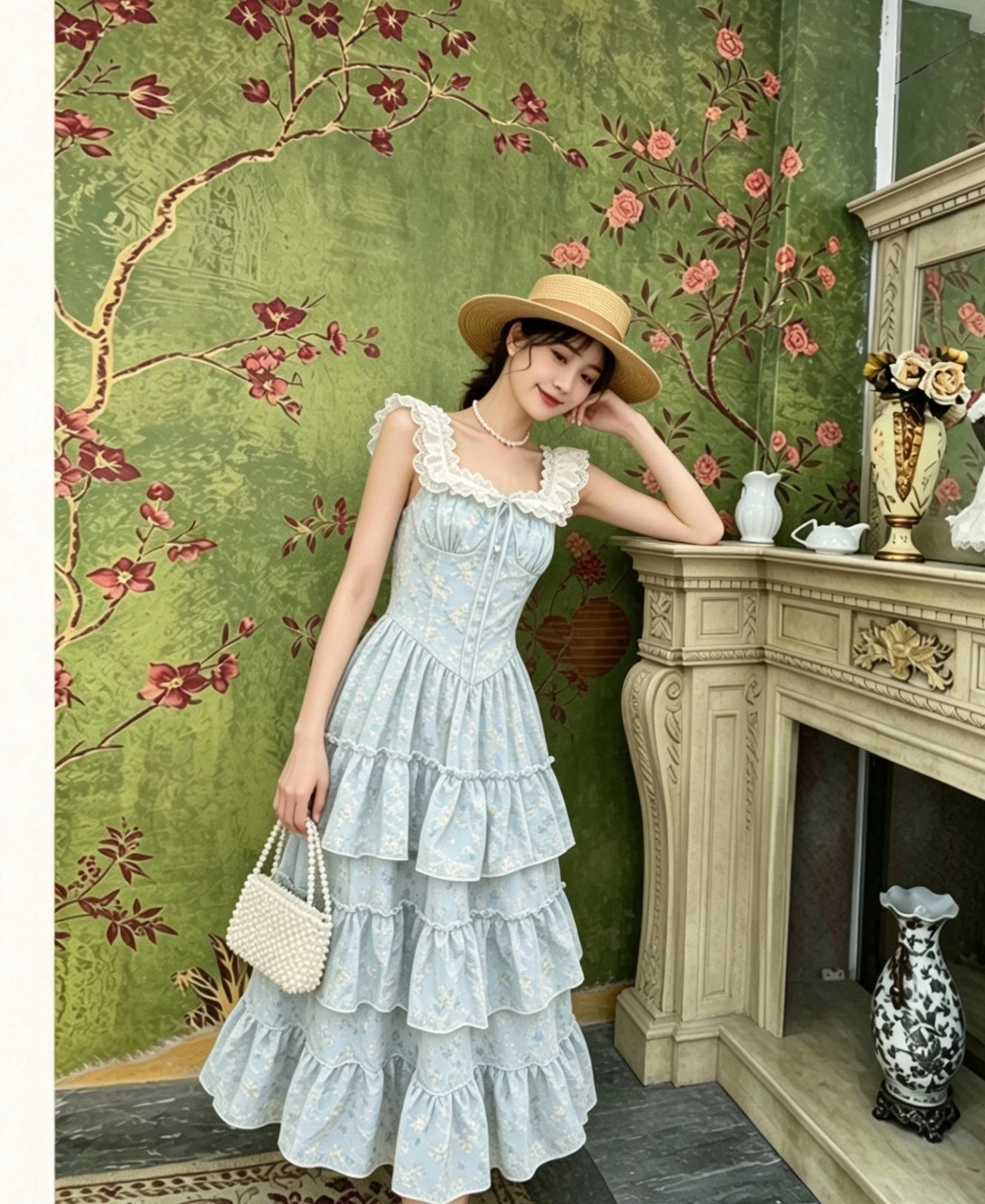 Vanessa Light Blue Floral Shabby Chic Coquette Dress