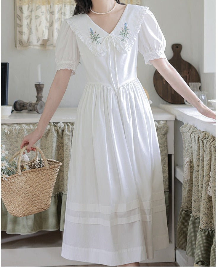 Botanical Flower Embroidered White Cottagecore Dress White Cottage Dress