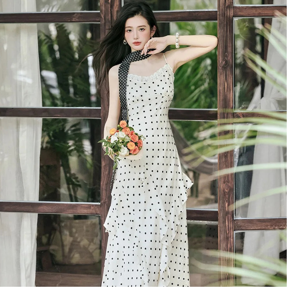 Lucy Coquette Polka Dot Maxi Dress 2-Piece Set (Dress+Scarf)
