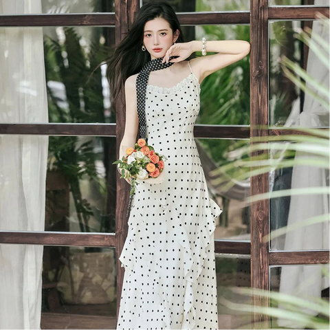 Lucy Coquette Polka Dot Maxi Dress 2-Piece Set (Dress+Scarf)