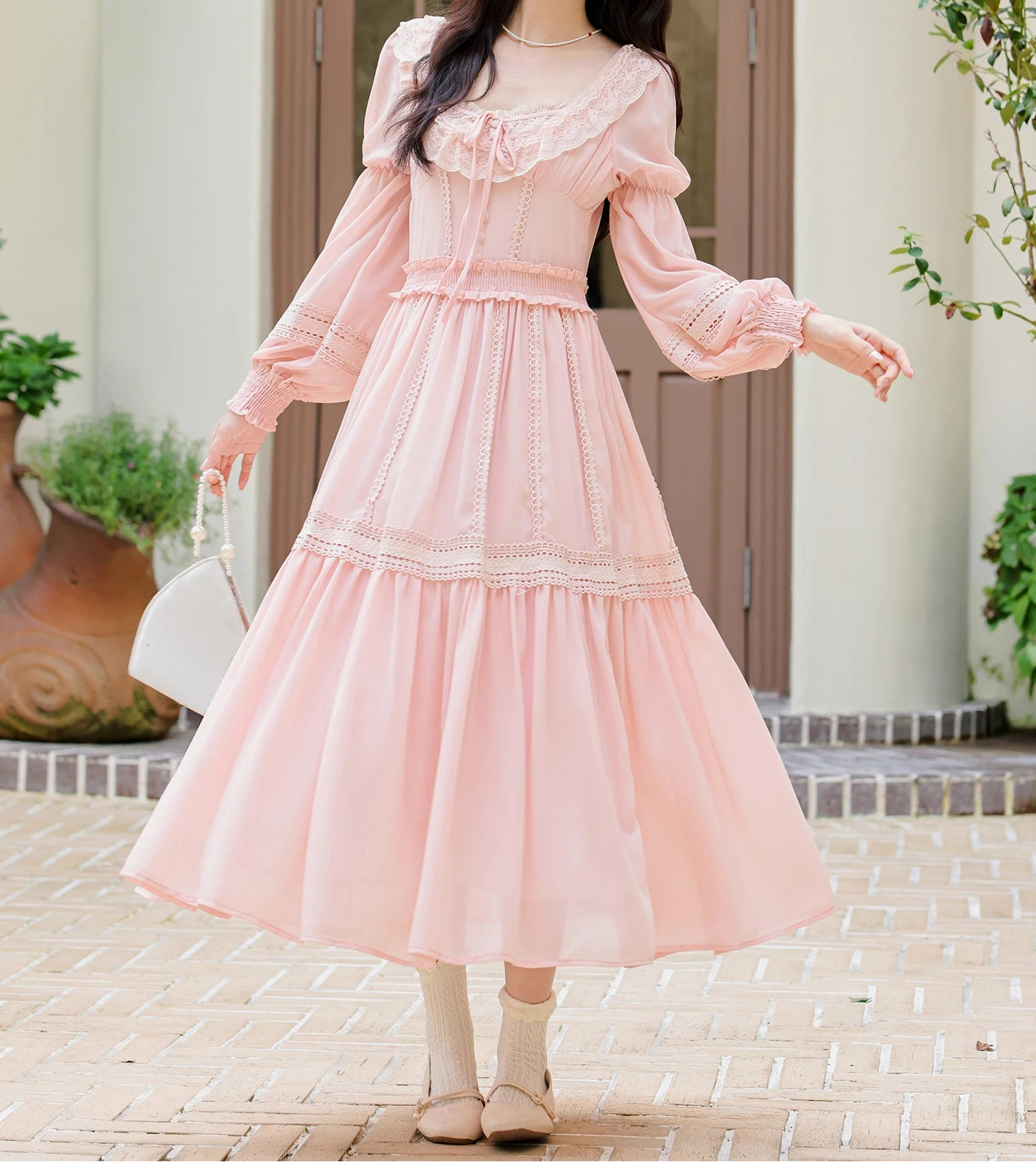 Long Sleeve Cottagecore Dress peach pink cottagecore outfit