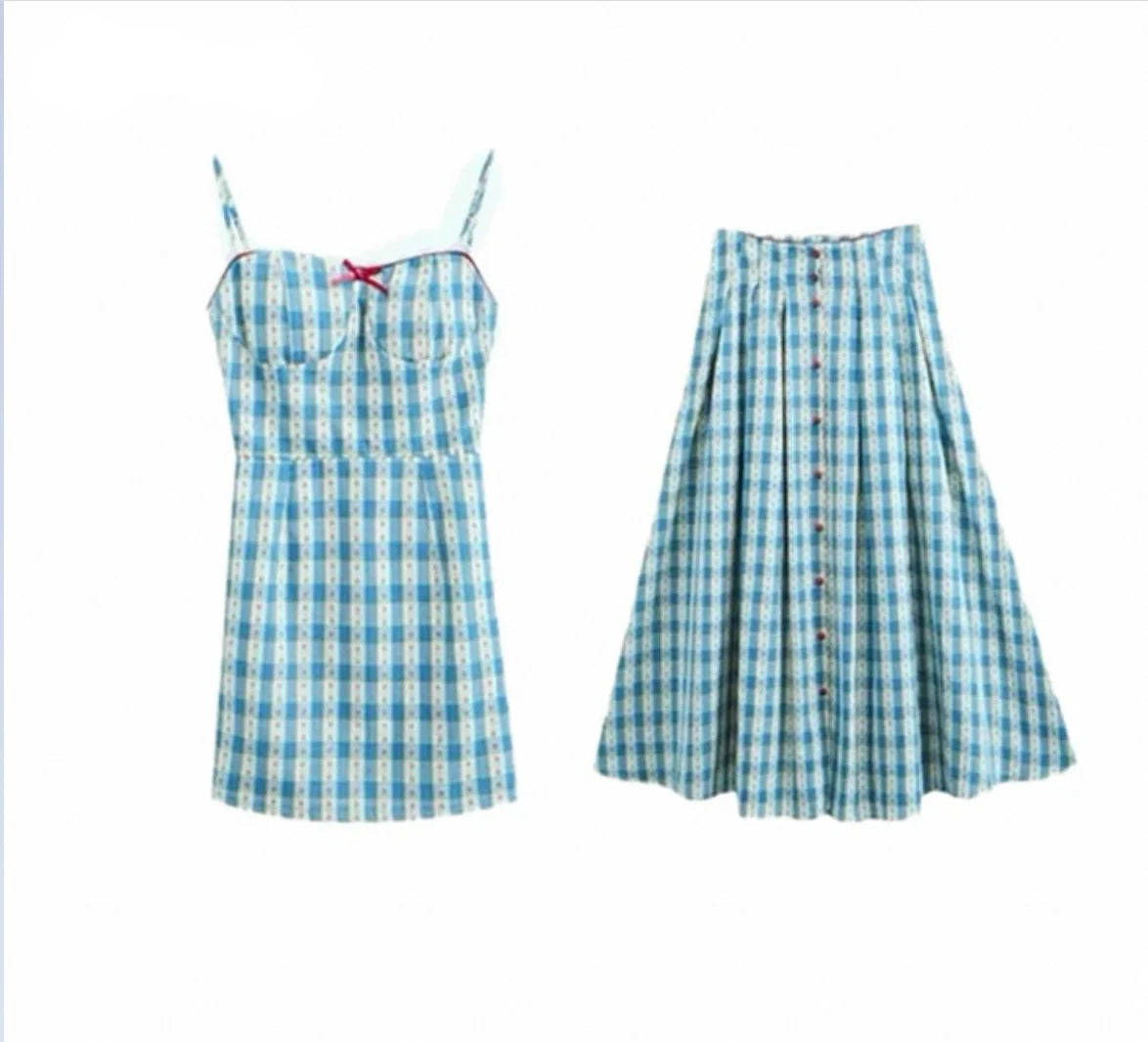 2-Piece Blue Plaid Picnic Dress Set