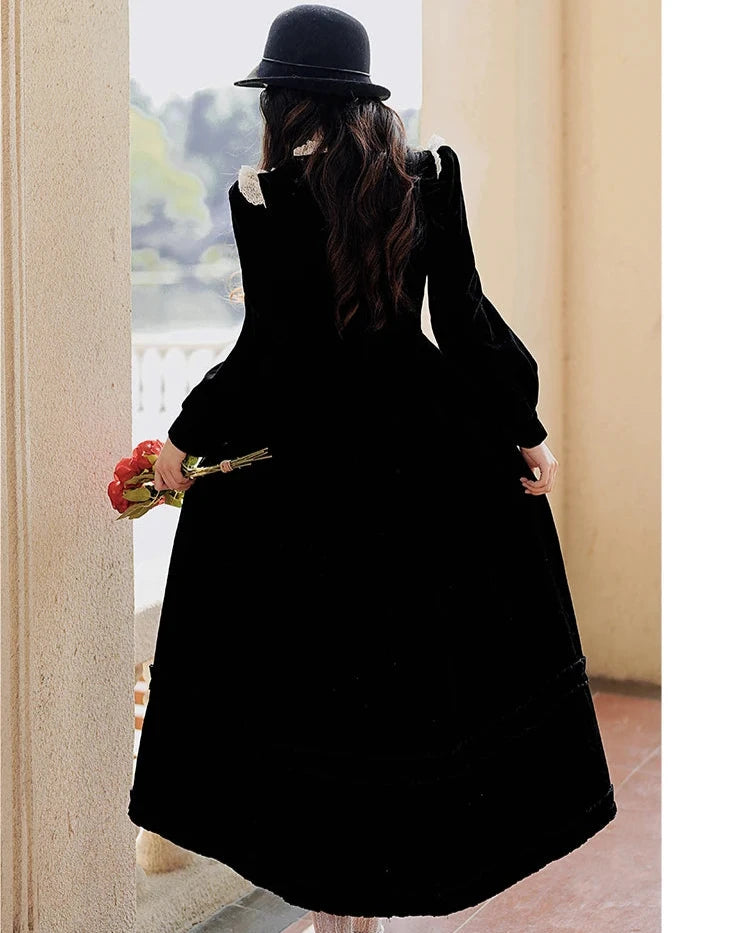 Romantic Goth Dress Black Velvet Victorian Vintage Dress Dark Romantic