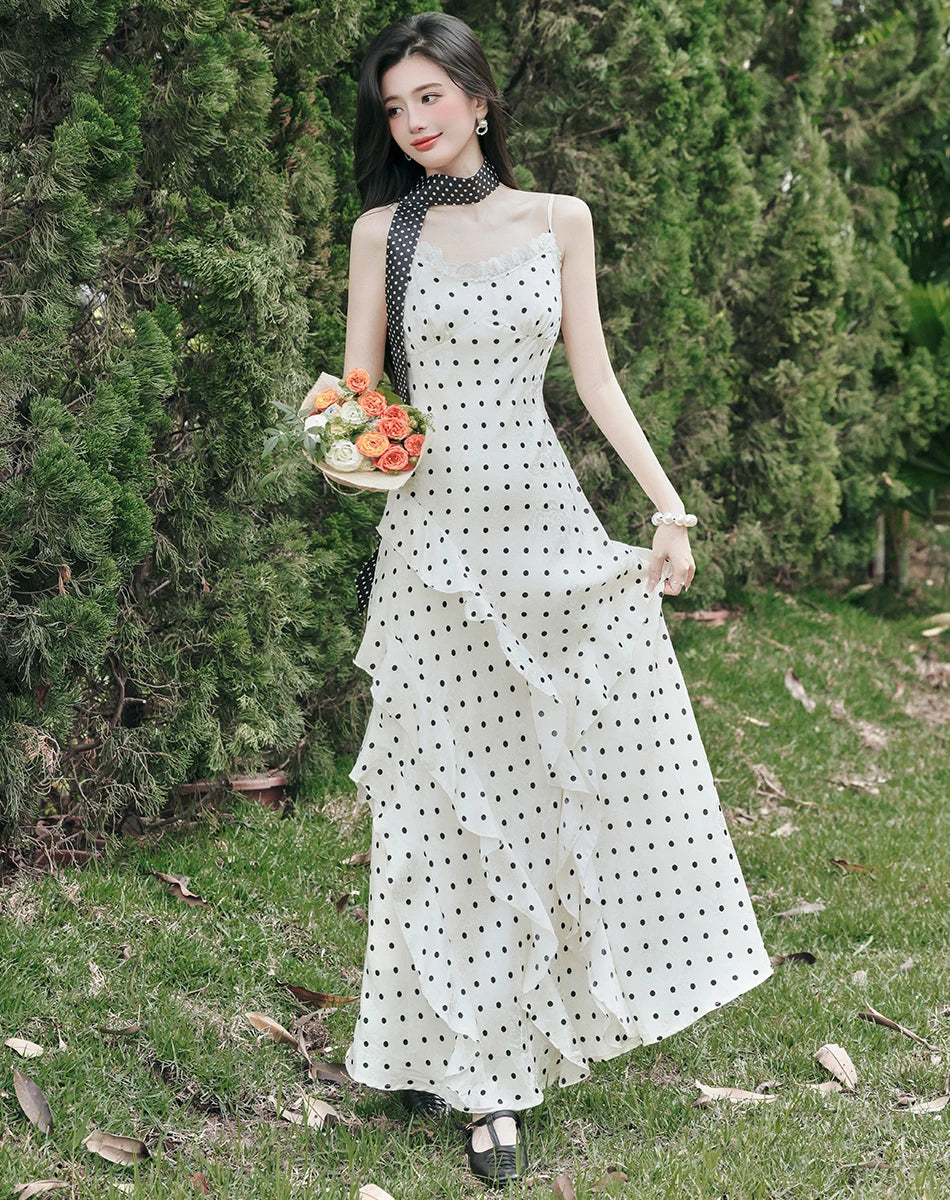 white polka dot maxi dress Lucy Coquette Polka Dot Maxi Dress 2-Piece Set (Dress+Scarf)