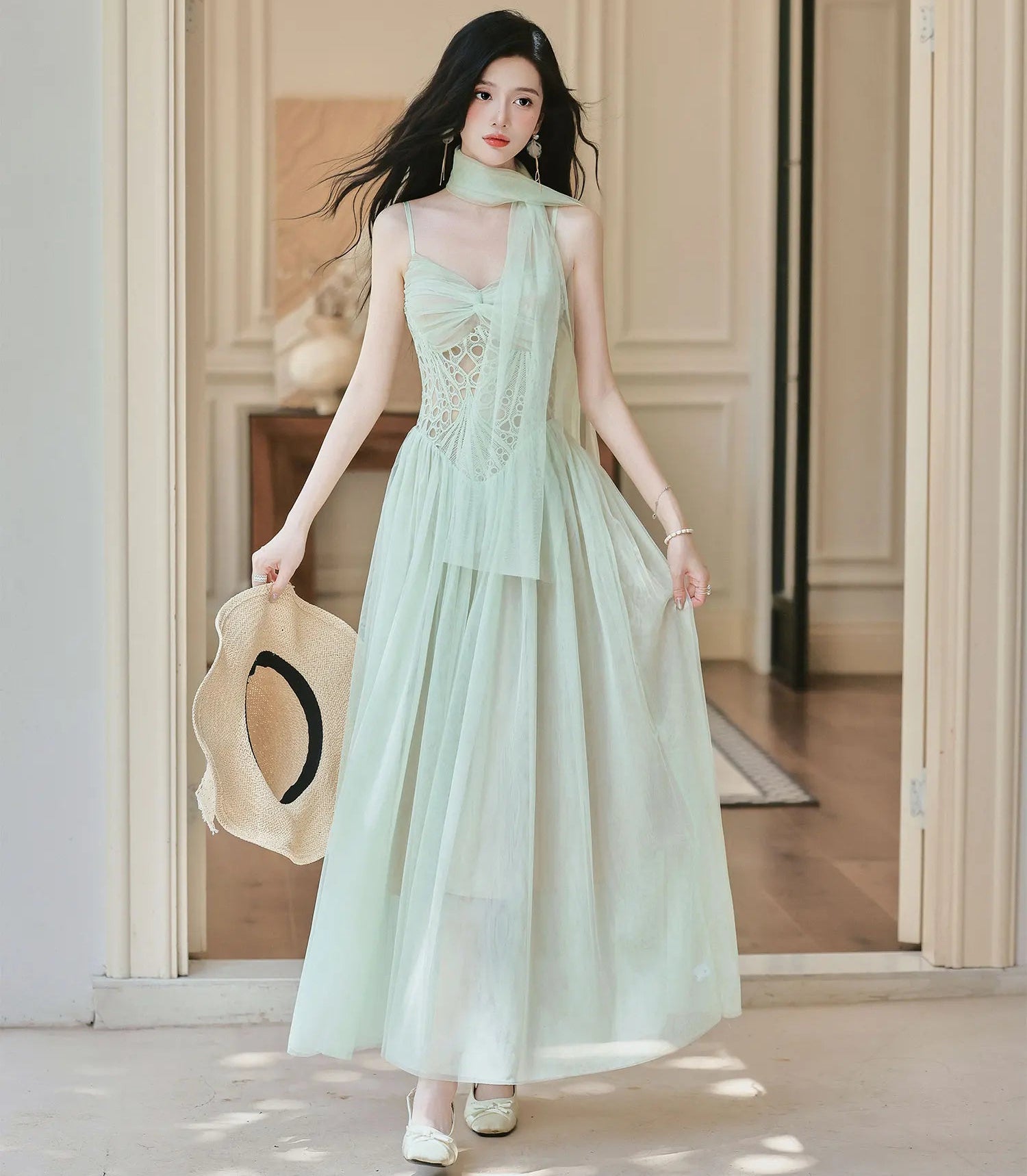 Seafoam-Green Fairy Princess Dress with Scarf