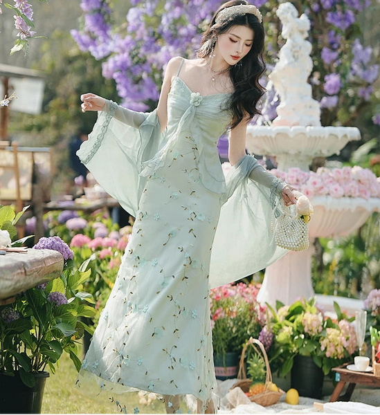 Rainy Spring Romantic Coquette Cottagecore Floral Embroidery Dress