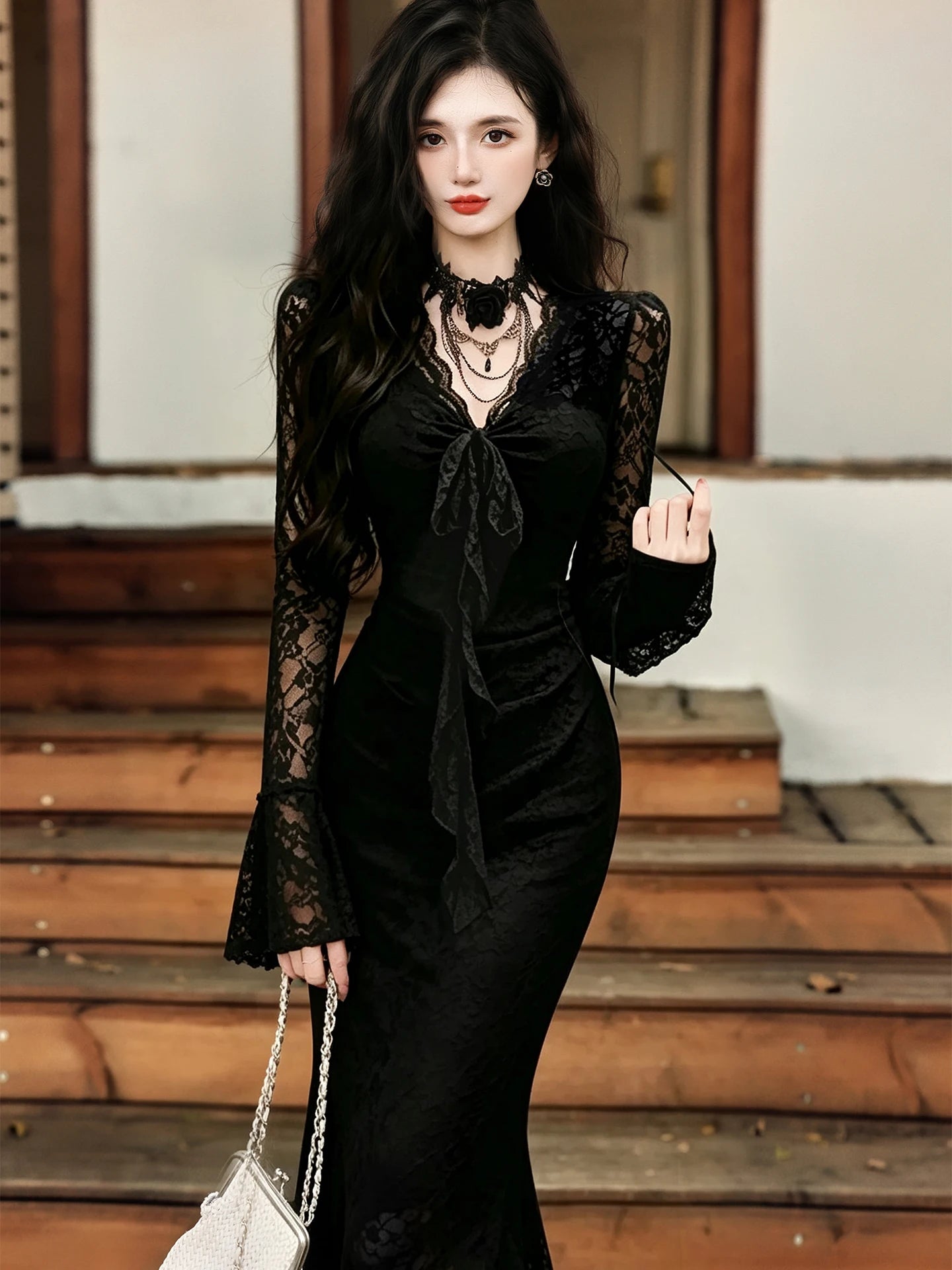 Obsidian Rose Dark Romantic Gothic Dress + Choker Necklace Set