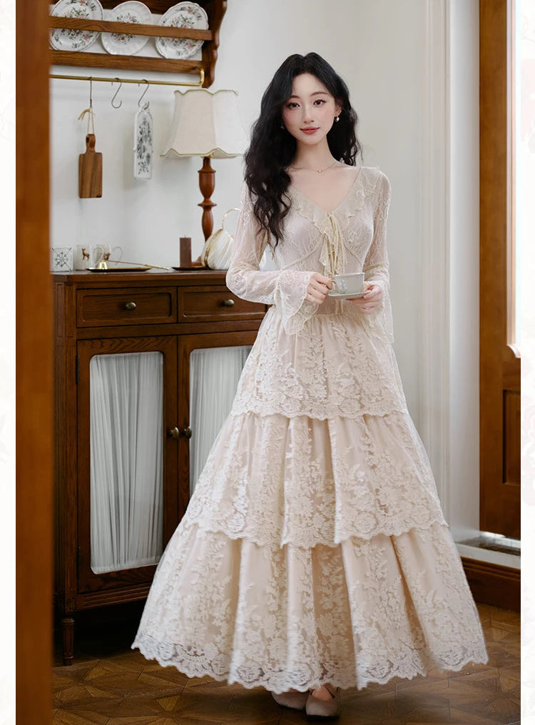 Estelia Romantic Royalcore Vintage-Style Lace Dress