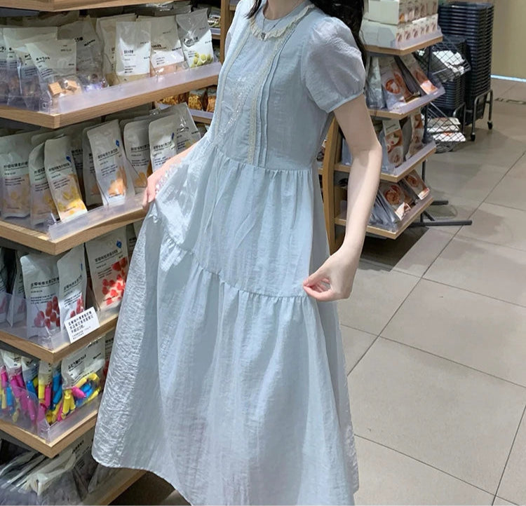Lily of the Valley Embroidered Baby-Blue Dollcore Dress