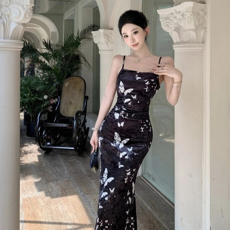 Dark Butterfly Velvet 90s Minimalist Style Slip Dress