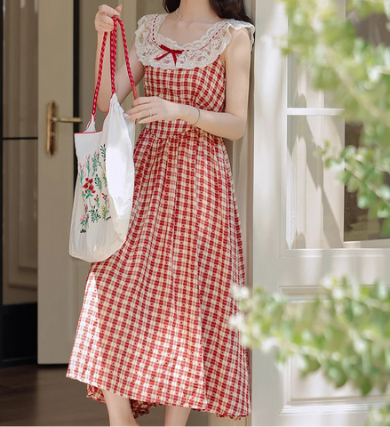 Polly Red Plaid Cottagecore Dress