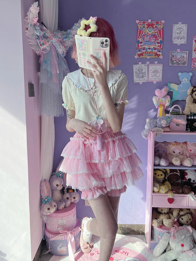 Pink Kawaii Hearts Ruffle Lolita Shorts