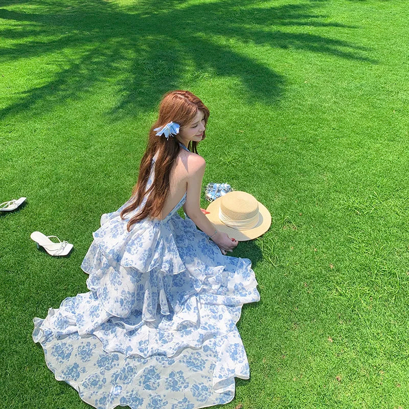 Blue Floral Fairycore Coquette Maxi Dress