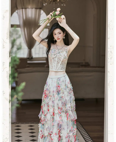 Elainna 3-Piece Outfit - Lace Bustier Top + Floral Ruffle Skirt + Cardigan