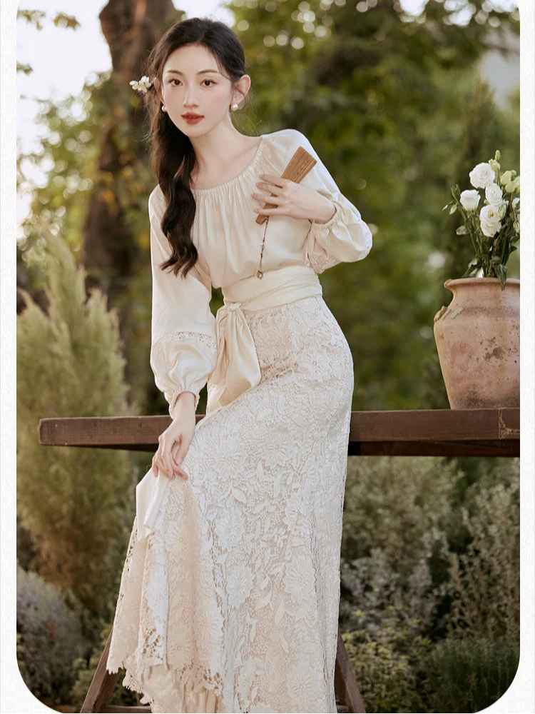 Lotus Heart Romantic Lace Cottagecore Dress Set