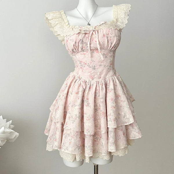 Apple Bee Floral Lace Tiered Coquette Dress