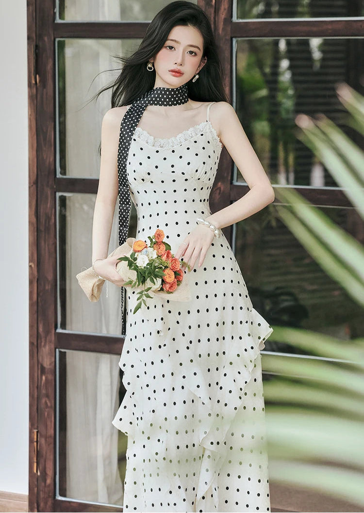 Lucy Coquette Polka Dot Maxi Dress 2-Piece Set (Dress+Scarf)