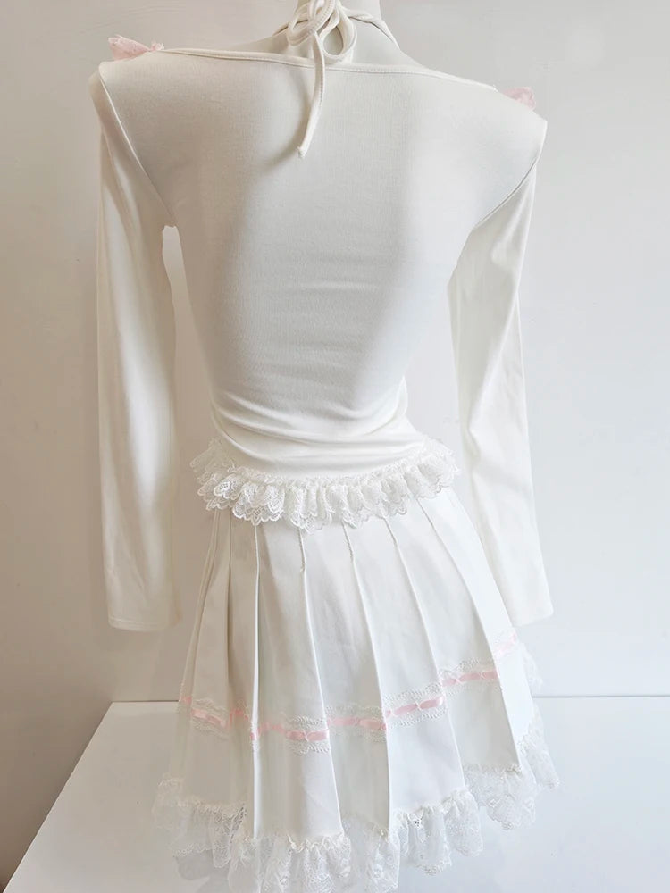 Pink/White Coquette Long Sleeve Lace-Up Kawaii Top