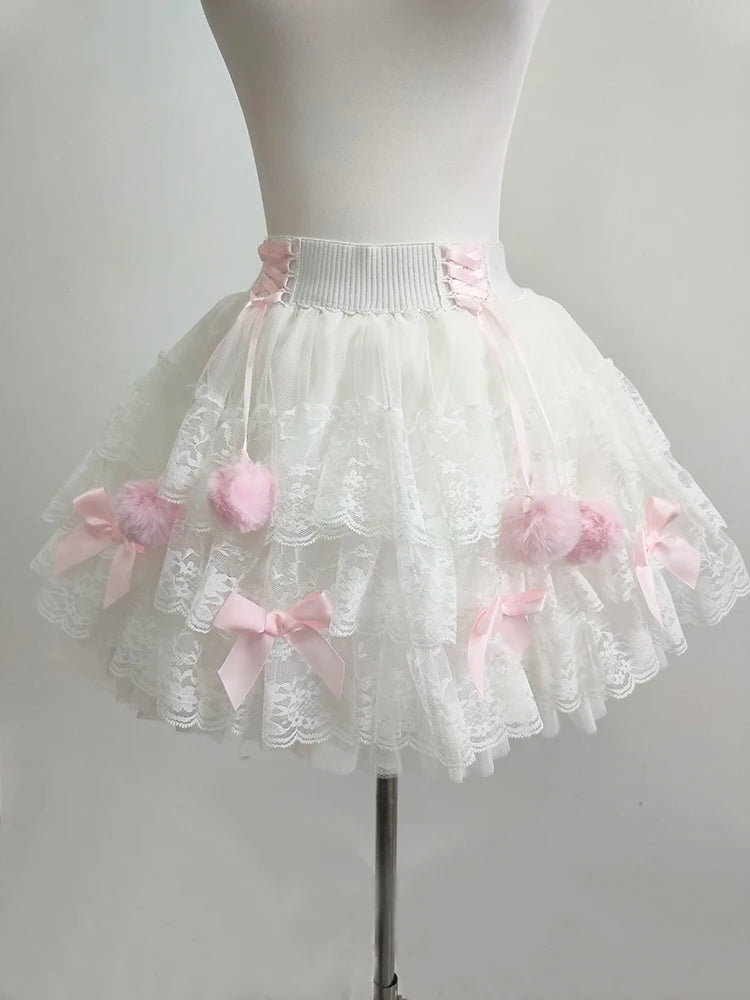 PomPom Balletcore Princess Coquette Style Lace Skirt with Bows