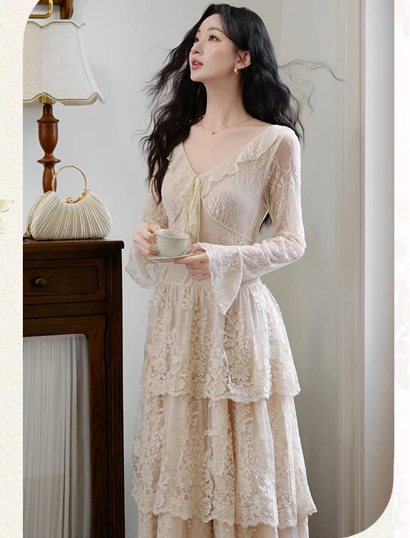 Estelia Romantic Royalcore Vintage-Style Lace Dress