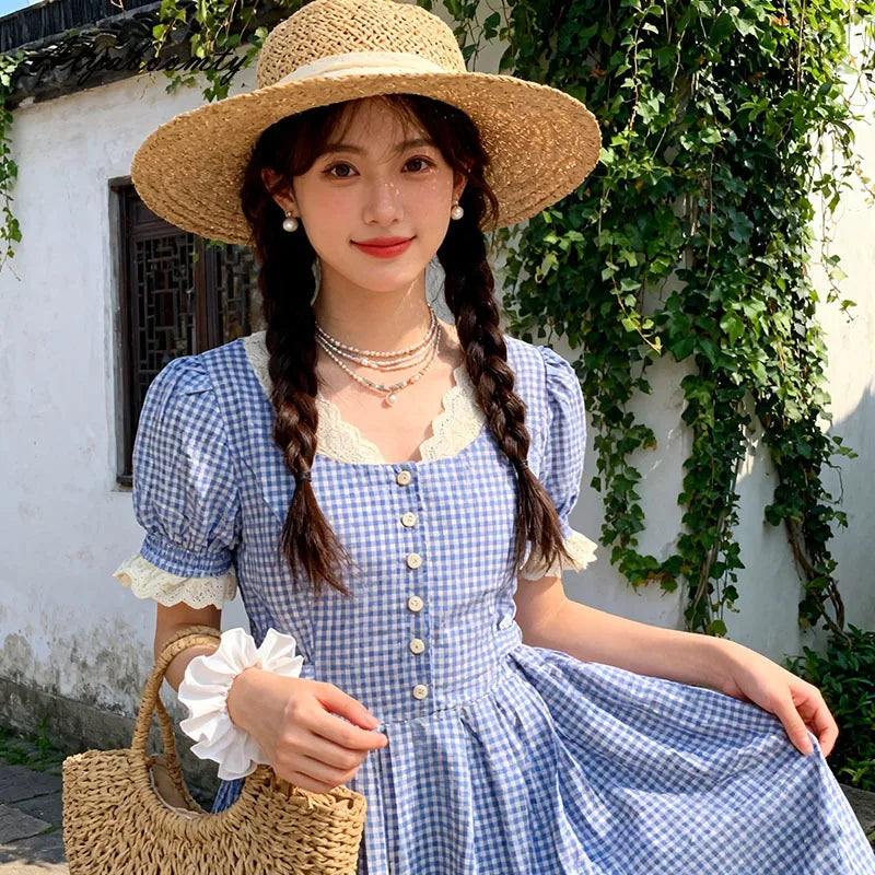Dorothy Plaid Blue Cotton Cottagecore Dress wizard of oz dress Dorothy Plaid Blue Cotton Cottagecore Dress wizard of oz dress
