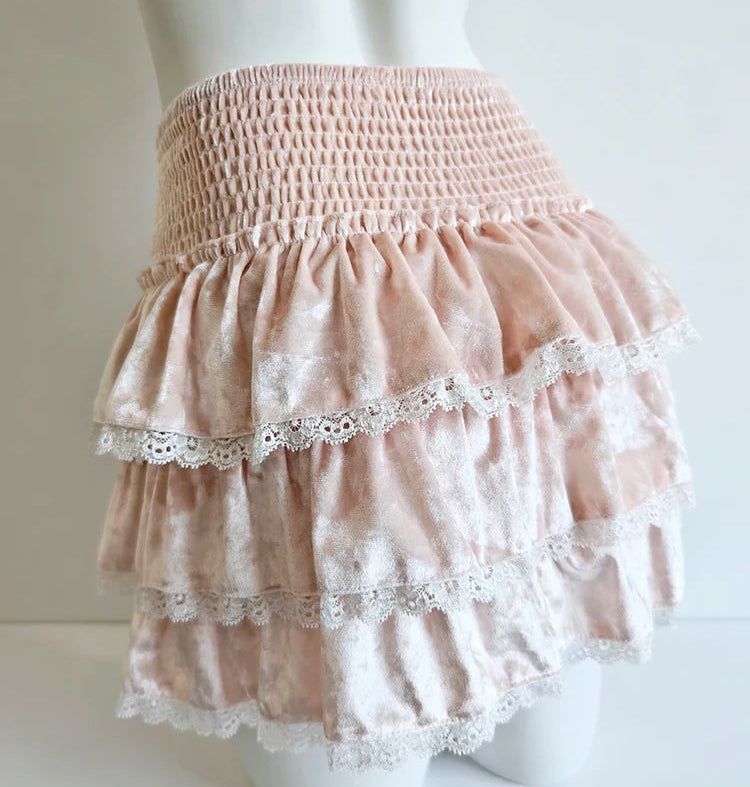Pink Velvet Rose Decorated Coquete Mini Skirt