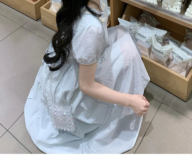 Lily of the Valley Embroidered Baby-Blue Dollcore Dress