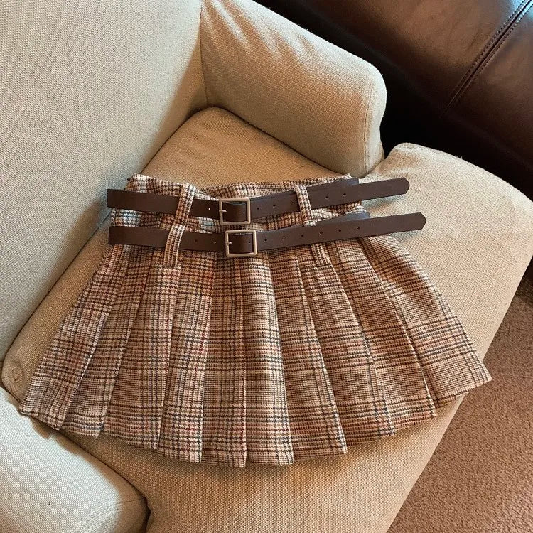 Plaid Dark Academia Pleated Mini Skirt with Attached Shorts