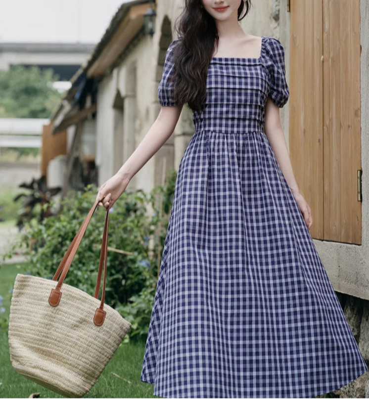 Navy Blue Plaid Dark Cottagecore Dress Dark Cottagecore Aesthetic Navy Blue Plaid Dark Cottagecore Dress Dark Cottagecore Aesthetic