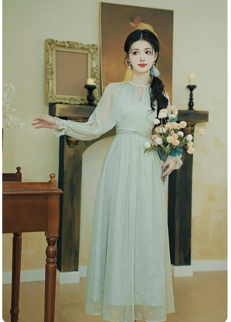 Nafia Seafoam-Green Pearl Beaded Romantic Princess Dress