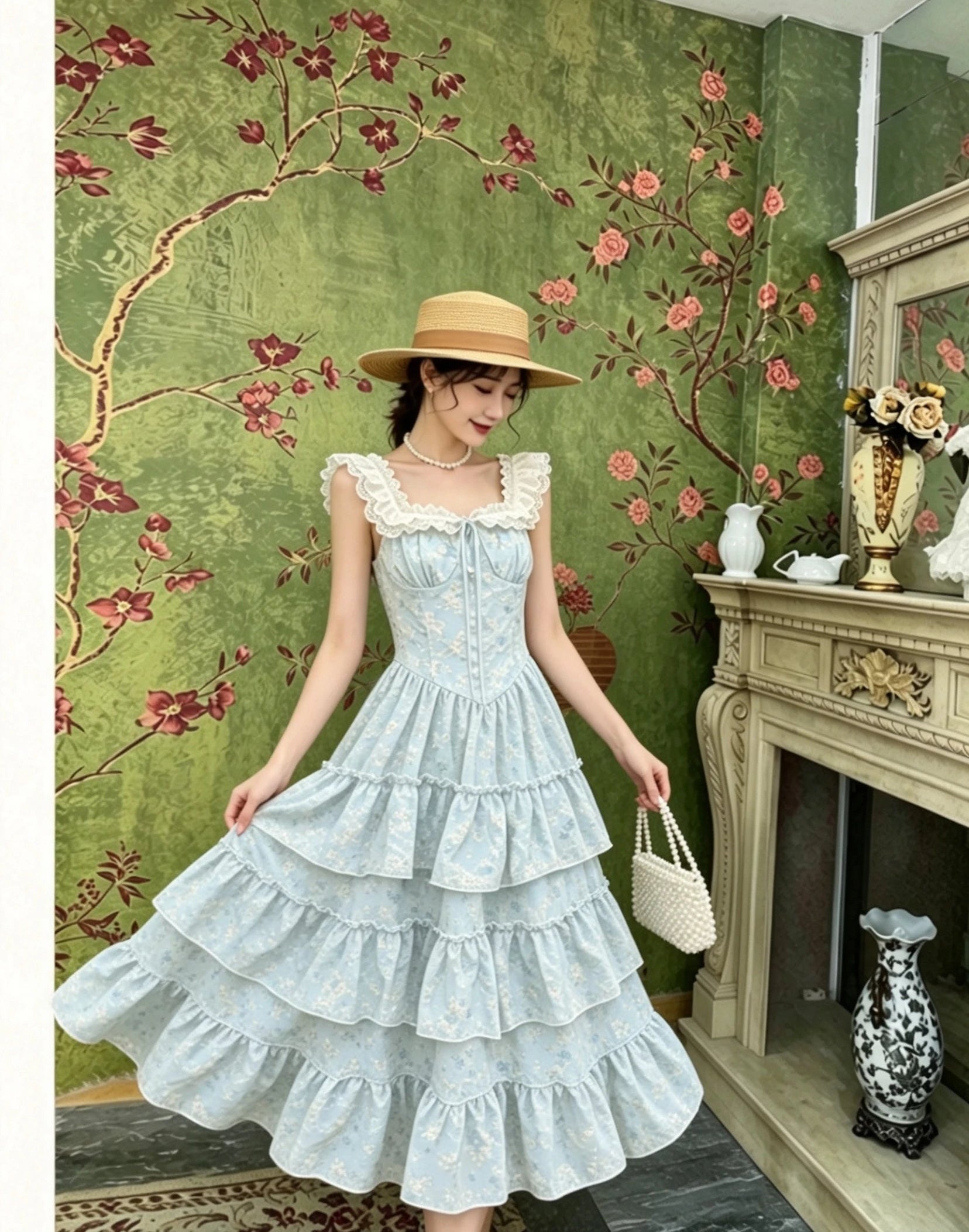 Vanessa Light Blue Floral Shabby Chic Coquette Dress